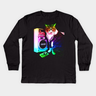 Rainbow Boombox Cat Kids Long Sleeve T-Shirt